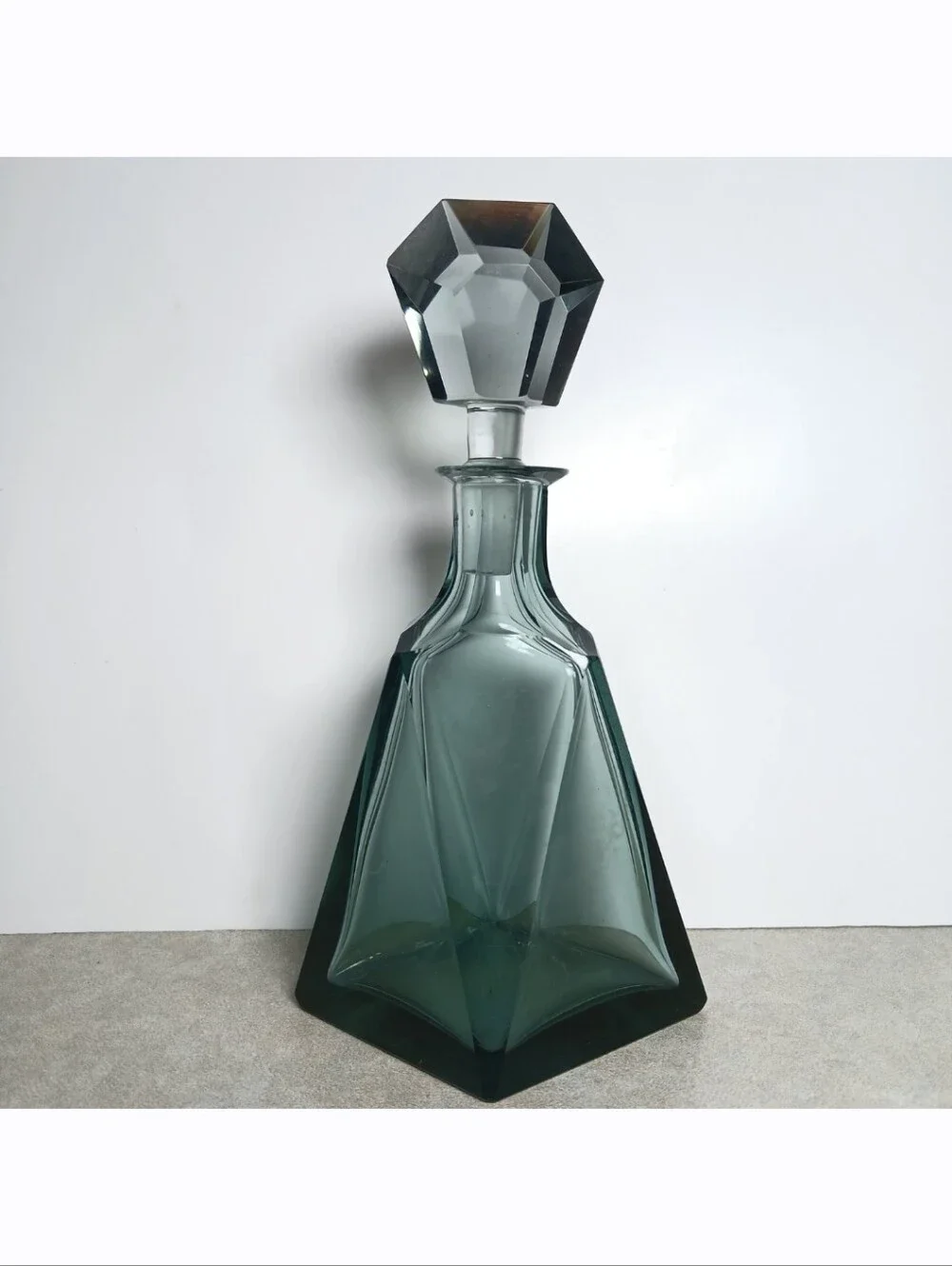 Antique Art Deco Bohemian Smokey Green Glass Geometric Decanter Bottle Cup Set